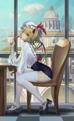 Rule 34 | 1girl, absurdres, alternate costume, back cutout, backless outfit, black footwear, black skirt, blonde hair, blouse, bow, building, cafe, chair, checkered floor, clothing cutout, cloud, contemporary, crystal, day, dome, elbow rest, flandre scarlet, food, frills, from side, full body, hat, hat ribbon, high heels, highres, indoors, leaning forward, licking, liyou-ryon, long sleeves, looking at viewer, miniskirt, mob cap, popsicle, profile, red eyes, ribbon, ribbon-trimmed sleeves, ribbon trim, shiny skin, shirt, shoes, short hair, side ponytail, sitting, skirt, sky, solo, thighhighs, thighs, tongue, tongue out, touhou, white shirt, white thighhighs, window, wings