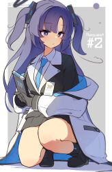 Rule 34 | 1girl, black footwear, black gloves, black halo, black jacket, black skirt, blazer, blue archive, blue jacket, blue necktie, blurry, blush, border, bright pupils, closed mouth, collared shirt, commentary, expressionless, eyes visible through hair, full body, gloves, grey background, halo, highres, holding, jacket, lapels, long hair, long sleeves, looking down, miniskirt, necktie, off shoulder, open clothes, open jacket, outside border, pleated skirt, purple eyes, purple hair, shirt, shoes, skirt, squatting, tetenka, two-sided fabric, two-sided jacket, two side up, white border, white jacket, white pupils, white shirt, yuuka (blue archive)