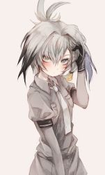 Rule 34 | 10s, 1girl, arm at side, bird wings, black gloves, black hair, bodystocking, breast pocket, breasts, closed mouth, collared shirt, gloves, green eyes, grey background, grey hair, grey necktie, grey shirt, grey shorts, hair between eyes, hair ornament, hair tie, hand in own hair, hand up, head wings, kemono friends, legs together, long hair, long sleeves, looking at viewer, low ponytail, multicolored hair, necktie, orange hair, oro ponzu, pocket, ruffling hair, shirt, shoebill (kemono friends), short sleeves, shorts, side ponytail, simple background, sleeve cuffs, small breasts, solo, two-tone hair, upper body, wing collar, wings, yellow eyes