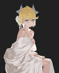 Rule 34 | 1girl, absurdres, bed sheet, blonde hair, blue eyes, breasts, clear (djmax), closed mouth, djmax, djmax respect, grey background, hair between eyes, hair ornament, hand on own chest, highres, looking at viewer, naked sheet, short hair, simple background, small breasts, solo, star (symbol), star hair ornament, toulalan