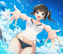 Rule 34 | 1girl, azuki yui, bare shoulders, bikini, bikini under clothes, black bikini, blouse, blue eyes, breasts, brown hair, cameltoe, collarbone, commentary request, cowboy shot, day, gluteal fold, hair ornament, hair scrunchie, in water, large breasts, legs together, looking at viewer, multi-strapped bikini, original, outdoors, reaching, reaching towards viewer, scrunchie, see-through, shirt, sleeveless, sleeveless shirt, solo, swimsuit, wading, white scrunchie, white shirt, x hair ornament