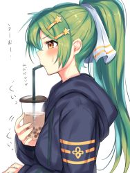 Rule 34 | 1girl, blue hoodie, blush, breasts, brown eyes, bubble tea, bubble tea challenge, commentary request, cup, drinking straw, failure, from side, gabriel (monster strike), green hair, hair ornament, hairclip, highres, hood, hood down, hoodie, long hair, long sleeves, medium breasts, monster strike, ponytail, sasamaruko, simple background, solo, star (symbol), star hair ornament, sweatdrop, translation request, upper body, very long hair, white background