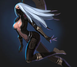 Rule 34 | 1girl, alternate costume, artist request, bodysuit, boots, breasts, center opening, dark background, gloves, half mask, hip focus, irelia, large breasts, league of legends, long hair, mask, navel, nightblade irelia, red eyes, red hair, silver hair, solo