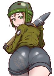 Rule 34 | 10s, 1girl, ass, black gloves, black shorts, brown eyes, brown jacket, closed mouth, commentary, cowboy shot, emblem, footprints, from behind, frown, girls und panzer, gloves, green hat, hat, helmet, helmet-chan (girls und panzer), highres, holding, jacket, leaning forward, long sleeves, looking at viewer, looking back, military, military uniform, onsen tamago (hs egg), pantylines, saunders military uniform, short hair, short shorts, shorts, simple background, solo, standing, star (symbol), sweatdrop, tank helmet, tank shell, uniform, white background