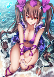 Rule 34 | 1girl, bikini, breasts, brown eyes, brown hair, checkered clothes, cleavage, closed mouth, commentary, hands on own knees, hat, highres, hijikawa arashi, himekaidou hatate, large breasts, looking at viewer, navel, open clothes, outdoors, pointy ears, purple bikini, purple hat, purple nails, sitting, smile, solo, swimsuit, tokin hat, touhou, twintails, wading