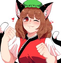 Rule 34 | 1girl, :3, animal ears, brown hair, cat ears, cat tail, chen, fang, green hat, hanaarts, hat, highres, medium hair, multiple tails, nekomata, red vest, solo, tail, touhou, two tails, vest