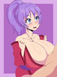 Rule 34 | arc the lad, bare shoulders, blue eyes, blush, bosomancer, breasts, cleavage, earrings, highres, huge breasts, japanese clothes, jewelry, kukuru (arc the lad), large breasts, long hair, open mouth, paizuri, perpendicular paizuri, ponytail, purple hair, sash, shiny skin