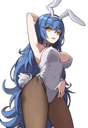 Rule 34 | 1girl, animal ears, arm behind head, armpits, black bow, black bowtie, blue hair, bow, bowtie, breasts, brown pantyhose, detached collar, fake animal ears, girls&#039; frontline, highres, jjuwaap, large breasts, leotard, long hair, official alternate costume, open mouth, pantyhose, playboy bunny, presenting armpit, rabbit ears, rabbit tail, tail, tar-21 (girls&#039; frontline), transparent background, white leotard, yellow eyes
