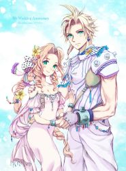 Rule 34 | 1boy, 1girl, absurdres, aerith gainsborough, amano yoshitaka design, arm around shoulder, armor, blonde hair, blue background, blue eyes, blush, bow, bracelet, braid, breasts, cleavage, cloud strife, couple, curly hair, detached sleeves, dress, earrings, final fantasy, final fantasy vii, fingerless gloves, flower, gloves, green eyes, grey nails, hair bow, hair flower, hair ornament, hanahiiro, highres, holding hands, jewelry, lily (flower), long hair, medium breasts, muscular, muscular male, nail polish, off-shoulder dress, off shoulder, official alternate costume, pants, parted bangs, pink dress, polka dot, polka dot ribbon, ribbon, shirt, shoulder armor, shoulder strap, sidelocks, sleeveless, sleeveless shirt, smile, spiked hair, square enix, upper body, white pants, white shirt, yellow flower