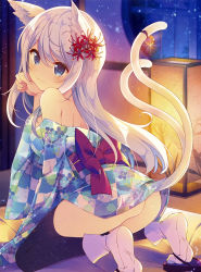 Rule 34 | 1girl, :3, absurdres, animal ears, ass, bare shoulders, bell, black thighhighs, blue eyes, blurry, breasts, cat ears, cat tail, dengeki moeou, depth of field, eyebrows, feet, floral print, flower, from side, glint, hair flower, hair ornament, highres, indoors, japanese clothes, jingle bell, kimono, kneeling, long hair, looking at viewer, medium breasts, multiple tails, no panties, obi, off shoulder, paw pose, ribbon, sash, scan, short kimono, short yukata, solo, spider lily, tabi, tail, tail bell, tail ornament, tail ribbon, takei ooki, thighhighs, white hair, yukata
