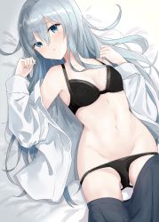 Rule 34 | 1girl, absurdres, black bra, black panties, blue eyes, blush, bra, breasts, clothes pull, commentary request, evening rabbit, groin, hibiki (kancolle), highres, kantai collection, lace, lace-trimmed bra, lace-trimmed panties, lace trim, long hair, long sleeves, looking at viewer, lying, navel, on back, on bed, open clothes, open mouth, panties, panty pull, shirt, silver hair, skirt, skirt pull, small breasts, solo, stomach, underwear