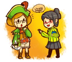 Rule 34 | 2girls, artist request, belt, black hair, book, boots, brown hair, capcom, cosplay, costume switch, crossover, female focus, glasses, guildmarm (monster hunter), guildmarm (monster hunter) (cosplay), hat, letter, monster hunter (series), monster hunter 4, multiple girls, nikki (swapnote), nikki (swapnote) (cosplay), nintendo, open mouth, pen, ponytail, red-framed eyewear, short hair, skirt, smile, swapnote, sweater, turtleneck, wings