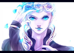 Rule 34 | 1boy, androgynous, bad id, bad pixiv id, blonde hair, blue eyes, close-up, fusuma (not found), giorno giovanna, jojo no kimyou na bouken, letterboxed, male focus, portrait, solo, vento aureo, victory rolls