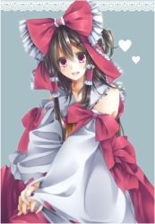 Rule 34 | 1girl, :d, alternate eye color, bad id, bad pixiv id, blue background, border, bow, brown hair, detached sleeves, doily, female focus, hair between eyes, hair bow, hair ornament, hair tubes, hairclip, hakurei reimu, heart, highres, interlocked fingers, lace, lace border, long hair, open mouth, ornate border, ponytail, purple eyes, sleeves past wrists, smile, solo, touhou, wide sleeves, yuzuki (yuzuha)