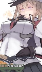 Rule 34 | ..., 6+girls, black gloves, black skirt, blonde hair, blush, breasts, capelet, commentary request, cross, fairy (kancolle), gloves, graf zeppelin (kancolle), hair between eyes, hat, iron cross, kantai collection, large breasts, long hair, military, military uniform, multiple girls, necktie, peaked cap, purple eyes, simple background, skirt, sound effects, spoken ellipsis, twintails, uniform, utopia, white background