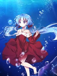 Rule 34 | artist name, bad id, bad twitter id, bare shoulders, barefoot, beyblade, beyblade: burst, blue hair, breasts, bubble background, character name, collarbone, dress, dress tug, highres, kymhotii, legs, long dress, long hair, nishiro nya, ocean, purple eyes, red dress, self-upload, short twintails, small breasts, solo, twintails, underwater