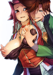 Rule 34 | 1boy, 1girl, blush, breasts, breasts out, brown eyes, brown hair, choker, divine (yu-gi-oh!), elbow gloves, fingerless gloves, gloves, grabbing, grabbing another&#039;s breast, hetero, highres, izayoi aki, jewelry, large breasts, necklace, nipple stimulation, nipple tweak, nipples, open mouth, red hair, short hair, smile, ts422, yu-gi-oh!, yu-gi-oh! 5d&#039;s