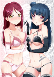 Rule 34 | 2girls, 3:, :o, asymmetrical docking, bare shoulders, black bra, black gloves, black legwear, black panties, blue hair, blunt bangs, blush, body writing, bra, breast press, breasts, bunji, cleavage, closed mouth, collarbone, commentary request, contrapposto, cowboy shot, elbow gloves, front-tie bra, frown, gloves, gluteal fold, hair bun, highres, holding hands, interlocked fingers, lace, lace-trimmed bra, lace-trimmed legwear, lace-trimmed panties, lace trim, long hair, looking at viewer, love live!, love live! sunshine!!, medium breasts, multiple girls, navel, nose blush, panties, parted lips, purple eyes, purple hair, sakurauchi riko, side bun, single hair bun, single side bun, stomach, straight hair, tareme, thighhighs, tsushima yoshiko, underboob, underwear, underwear only, white bra, white gloves, white legwear, white panties, yellow eyes