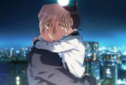 Rule 34 | 2boys, amuro tooru, black jacket, blonde hair, blue eyes, blurry, blurry background, brown hair, child, cityscape, closed eyes, closed mouth, commentary request, edogawa conan, from side, full moon, half-closed eyes, highres, hug, jacket, k (gear labo), long sleeves, looking down, male focus, meitantei conan, moon, multiple boys, night, night sky, outdoors, profile, scratches, short hair, sky, star (sky), white jacket