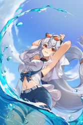Rule 34 | 1girl, arknights, armpits, arms up, blue shorts, blue sky, breasts, cloud, cowboy shot, day, eir, eyewear on head, hair between eyes, highres, long hair, looking at viewer, medium breasts, navel, no headwear, official alternate costume, outdoors, parted lips, red eyes, short shorts, shorts, silver hair, skadi (arknights), skadi (waverider) (arknights), sky, solo, standing, stomach, sunglasses, thigh strap, thighs, very long hair, wading, water
