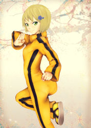 Rule 34 | 10s, 1girl, ass, bad id, bad pixiv id, blonde hair, bruce lee&#039;s jumpsuit, fighting stance, flower, green eyes, hair ornament, hairclip, huang baoling, infinote, pantylines, shoes, short hair, sneakers, solo, tiger &amp; bunny