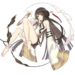 Rule 34 | 1girl, bare legs, bare shoulders, barefoot, black hair, blue eyes, chinese clothes, detached sleeves, floating, floating object, full body, fuxi (honkai impact), honkai (series), honkai impact 3rd, long hair, official art, scroll, snake, third-party source, transparent background, white snake