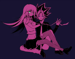 Rule 34 | 1boy, 1girl, arm tattoo, commentary request, dark magician girl, duel monster, graphite (medium), long hair, muto yugi, nobuda, open mouth, purple background, sitting, spiked hair, tattoo, traditional media, yu-gi-oh!, yu-gi-oh! duel monsters