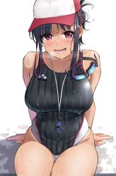 Rule 34 | 1girl, black hair, breasts, brown eyes, commentary request, competition swimsuit, cowboy shot, elder cousin (igarashi kyouhei), goggles, highres, igarashi kyouhei, large breasts, long hair, looking at viewer, one-piece swimsuit, original, sidelocks, simple background, sitting, smile, solo, striped clothes, striped one-piece swimsuit, swimsuit, unworn goggles, wet, whistle, whistle around neck, white background