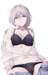 Rule 34 | 1girl, absurdres, an-94 (antje) (girls&#039; frontline), an-94 (girls&#039; frontline), black bra, black panties, blue eyes, blue pants, bra, breasts, cleavage, closed mouth, clothes pull, etoile, girls&#039; frontline, grey hair, highres, medium breasts, open fly, panties, pants, pants pull, platinum blonde hair, shirt, short hair, solo, unbuttoned, unbuttoned shirt, underwear, undressing, white background, white shirt