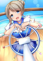 Rule 34 | 1girl, :d, arm rest, blue eyes, blue shirt, blue sky, boat, brown hair, commentary request, earrings, hair bun, highres, idol, jewelry, kaudon, light brown hair, love live!, love live! sunshine!!, ocean, open mouth, outdoors, ship, ship&#039;s wheel, ship deck, shirt, short hair, sky, smile, smile smile ship start, solo, watanabe you, watercraft