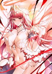 Rule 34 | 1girl, absurdres, angel wings, blunt bangs, blush, chromatic aberration, circlet, cowboy shot, feathered wings, floating hair, hand up, head wings, highres, lingerie, long hair, looking at viewer, millennium tour, navel, negligee, panties, parted lips, red eyes, red hair, red sky, sinkou, sky, solo, stomach, underwear, very long hair, white negligee, white panties, white wings, wings, xiongshouji