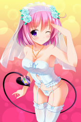 Rule 34 | 10s, 1girl, box, breasts, bridal veil, bride, demon tail, garter belt, garter straps, gift, gift box, highres, holding, holding with tail, momo velia deviluke, panties, pink hair, prehensile tail, purple eyes, short hair, solo, tail, thighhighs, to love-ru, to love-ru darkness, underwear, veil, yagami-all hail nanao