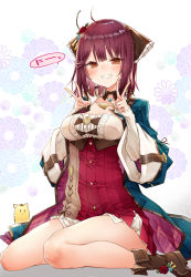 Rule 34 | 1girl, 2022, :d, alt (ctrldel), atelier (series), atelier sophie, atelier sophie 2, bare shoulders, blue coat, blush, boots, braid, breasts, brown eyes, coat, commentary request, double v, dress, floral background, flower, full body, grin, hair flower, hair ornament, hands on own chest, hands up, happy, highres, jewelry, legs, looking at viewer, medium breasts, medium hair, necklace, on ground, open clothes, open coat, open mouth, red dress, red hair, single braid, sitting, smile, solo, sophie neuenmuller, striped clothes, striped dress, thighs, v, vertical-striped clothes, vertical-striped dress, wide sleeves