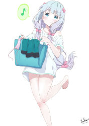Rule 34 | 10s, 1girl, absurdres, barefoot, blue eyes, bow, clothes writing, eromanga sensei, highres, holding, izumi sagiri, laundry, laundry basket, legs, long hair, musical note, no pants, off shoulder, panties, quaver, ribbon, shirt, side-tie panties, silver hair, smile, solo, speech bubble, spoken musical note, standing, standing on one leg, t-shirt, underwear, untied, white shirt
