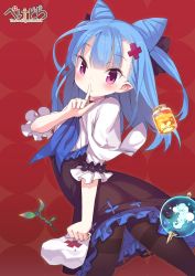 Rule 34 | 1girl, armadillon, bag, black bow, black dress, black pantyhose, blue dress, blue hair, blush, bow, branch, capelet, character cutout, cone hair bun, cowboy shot, cross, cross hair ornament, double bun, dress, finger to mouth, frilled dress, frilled sleeves, frills, hair behind ear, hair bow, hair bun, hair ornament, hairclip, highres, holding, holding bag, homunculus, jar, long eyelashes, long hair, looking at viewer, neckerchief, original, pantyhose, patterned background, pink eyes, pointy ears, purple eyes, red background, red cross, short sleeves, solo