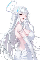Rule 34 | 1girl, :d, absurdres, alternate costume, backless dress, backless outfit, bare shoulders, blue archive, blunt bangs, blush, breasts, closed eyes, commentary, dress, elbow gloves, from behind, gloves, grey hair, halo, hand to own mouth, headgear, highres, laughing, long hair, mechanical halo, medium breasts, noa (blue archive), open mouth, raki kr, simple background, smile, solo, strapless, strapless dress, teeth, twisted torso, upper body, upper teeth only, very long hair, wedding dress, white background, white gloves, white hair