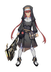 Rule 34 | 1girl, absurdres, black dress, boots, brown eyes, brown hair, closed mouth, copyright request, dress, fixro2n, full body, habit, hair between eyes, highres, holding, holding weapon, long hair, nun, official art, pants, simple background, solo, standing, veil, very long hair, weapon, weapon request, white background, white footwear, white pants