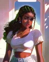 Rule 34 | 1girl, breasts, brown eyes, brown hair, commentary, crop top, dark-skinned female, dark skin, denim, english commentary, green hair, high-waist pants, highres, jeans, jewelry, lips, little thunder, medium breasts, midriff, necklace, original, pants, realistic, shade, solo, tears, upper body, wavy hair