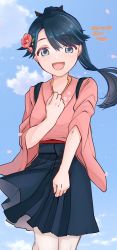 Rule 34 | 1girl, black hair, black hakama, blue eyes, blue sky, bobokuboboku, character name, cloud, commentary request, cowboy shot, dated, flower, hair flower, hair ornament, hakama, hakama skirt, hand on own chest, highres, houshou (kancolle), japanese clothes, kantai collection, kimono, looking at viewer, one-hour drawing challenge, pantyhose, pink kimono, ponytail, skirt, sky, smile, solo, standing, tasuki, twitter username