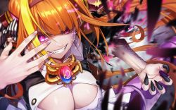 Rule 34 | 1girl, blouse, blunt bangs, bow, braid, breasts, brooch, chain, chain necklace, claws, cleavage, cleavage cutout, clothing cutout, collared shirt, diagonal-striped bow, dragon girl, dragon horns, fangs, fenrir (fenlil0316), fingernails, hair ribbon, hairband, highres, hololive, horns, jewelry, kiryu coco, kiryu coco (1st costume), large breasts, long hair, looking at viewer, necklace, orange hair, pink eyes, ribbon, sharp fingernails, shirt, side braid, single braid, slit pupils, smile, solo, striped ribbon, transformation, virtual youtuber, white shirt