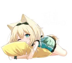 Rule 34 | 1girl, absurdres, animal ears, arknights, blonde hair, blush, bow, dog ears, dog girl, dog tail, green bow, green eyes, hair between eyes, hair bow, highres, hong yin, long hair, looking at viewer, lying, hugging object, official alternate costume, on stomach, one eye closed, pillow, pillow hug, podenco (arknights), podenco (wake up from a nap) (arknights), simple background, solo, tail, white background, wristband