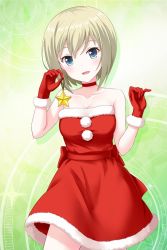 Rule 34 | 1girl, alternative girls, bare shoulders, blonde hair, blue eyes, breasts, choker, cleavage, dress, gloves, green background, holding, looking at viewer, official art, open mouth, red choker, red dress, red gloves, short hair, smile, solo, standing, sylvia richter