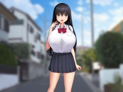 Rule 34 | 1girl, arm at side, black hair, blue eyes, blurry, blurry background, blush, bow, bowtie, breasts, cloud, day, female focus, hair between eyes, hand up, happy, highres, house, huge breasts, legs, long hair, looking at viewer, nose blush, open mouth, original, outdoors, red bow, red bowtie, road, school uniform, skirt, sky, smile, solo, standing, street, tapisuke, thighs, tree