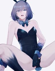 Rule 34 | 1boy, animal ears, black leotard, blue eyes, bow, claws, commentary request, covering privates, detached collar, fake animal ears, fate/grand order, fate (series), fingernails, grey hair, highres, legs apart, leotard, looking at viewer, male focus, male playboy bunny, medium hair, oberon (fate), oberon (third ascension) (fate), open mouth, playboy bunny, rabbit ears, rabbit tail, sausu hitori, sharp fingernails, sitting, solo, spread legs, tagme, teeth, trap, upper teeth only, wrist cuffs