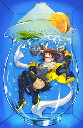 Rule 34 | 1girl, absurdres, arm up, black-framed eyewear, black footwear, black panties, black skirt, blue background, blue eyes, boots, breasts, brown hair, bubble, clenched hand, commission, cup, drinking glass, female focus, food, freeze-ex, fruit, full body, gero-chan, glass, glasses, grey shirt, grin, hair ribbon, hand up, happy, high heels, highres, ice, ice cube, indoors, jacket, leaf, light rays, long hair, long sleeves, looking at viewer, medium breasts, miniskirt, off shoulder, one eye closed, orange (fruit), orange slice, original, oversized object, panties, pleated skirt, ribbon, scarf, semi-rimless eyewear, shirt, sideboob, skindentation, skirt, sleeveless, sleeveless shirt, sleeves past wrists, smile, solo, submerged, teeth, thigh boots, thighhighs, transparent, twintails, two-sided fabric, underwear, upskirt, water, white ribbon, white scarf, wink, yellow jacket