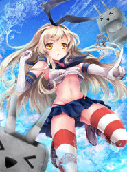 Rule 34 | &gt; &lt;, 10s, 1girl, anchor, black panties, blonde hair, boots, closed eyes, elbow gloves, gloves, hairband, highres, kantai collection, long hair, navel, open mouth, panties, pantyshot, personification, rensouhou-chan, sailor collar, sakura ran, shimakaze (kancolle), skirt, striped clothes, striped thighhighs, thighhighs, underwear, upskirt, water, white gloves