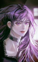 Rule 34 | 1girl, black dress, blurry, blurry background, choker, dress, haseonyeon, highres, jewelry, korean commentary, lips, long hair, looking at viewer, medea solon, pale skin, parted lips, portrait, purple eyes, purple hair, solo, your throne