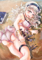 Rule 34 | 1girl, armpits, artist request, ass, beach, bikini, bikini skirt, black hairband, bracelet, breasts, cameltoe, cleavage, collarbone, corrin (female) (fire emblem), corrin (female) (summer) (fire emblem), corrin (fire emblem), day, eyelashes, fangs, female focus, fingernails, fire emblem, fire emblem fates, flower, flower on head, front-tie bikini top, front-tie top, hair ornament, hairband, happy, highres, intelligent systems, jewelry, laughing, legs, legs together, long hair, looking at viewer, looking to the side, lying, medium breasts, midriff, multiple views, navel, neck, nintendo, official alternate costume, on side, open mouth, outdoors, pointy ears, red eyes, sidelocks, sky, smile, summer, swept bangs, swimsuit, thighlet, thighs, turnaround, wavy hair, white bikini, white hair