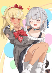 Rule 34 | 2girls, absurdres, bare shoulders, blonde hair, blush, bound, bound wrists, bow, braid, carrying, choker, closed eyes, collarbone, commentary request, dark-skinned female, dark skin, dress, english text, facing another, french braid, hair bow, happy birthday, heart, highres, hololive, kusana (dudqja602), long hair, long sleeves, looking at another, medium hair, multiple girls, orange eyes, pointy ears, princess carry, red bow, ribbed dress, shiranui flare, shiranui flare (street), shirogane noel, shirogane noel (casual), silver hair, virtual youtuber, yuri