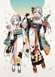 Rule 34 | 2girls, a.i. voice, arrow (projectile), asymmetrical bangs, bag, black gloves, black kimono, blonde hair, border, braid, buzz (moi), closed mouth, commentary request, confetti, dual persona, ema, floral print kimono, full body, furisode, gloves, gold trim, gradient hair, green eyes, grey hair, hair ornament, hamaya, handbag, hands up, happy new year, holding, holding arrow, japanese clothes, kanzashi, kimono, leaning to the side, long sleeves, looking at viewer, multicolored clothes, multicolored hair, multicolored kimono, multiple girls, new year, obi, obijime, okobo, omamori, open mouth, orange socks, sandals, sash, short hair, short hair with long locks, side braid, single hair intake, single sidelock, smile, socks, streaked hair, striped clothes, striped kimono, translation request, tsunose kotone, tsunose kotone (tsubomi), w arms, white border, white kimono, white socks, wide sleeves